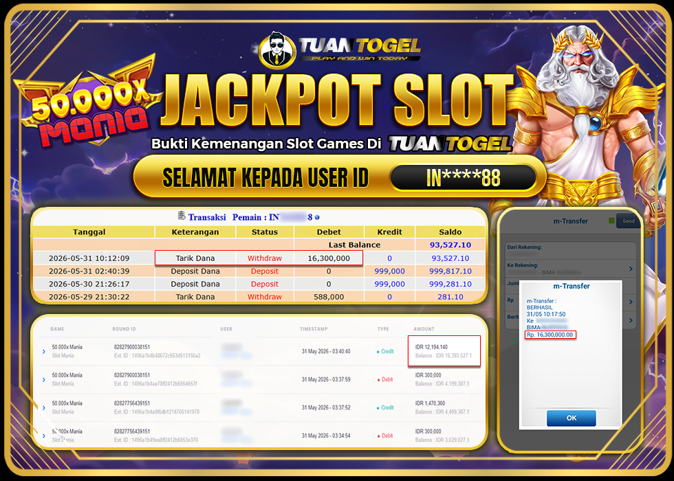 TUANTOGEL JACKPOT SLOT 50.000X MANIA Rp16.300.000,- LUNAS